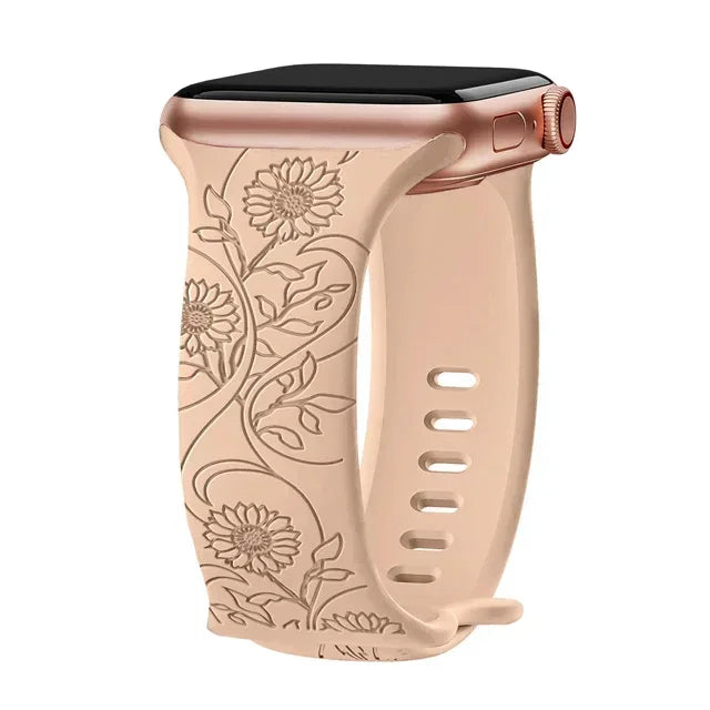 Floral Engraved Strap For Apple Watch Band 40mm 44mm 41mm 49mm 45mm 38mm 42mm silicone bracelet iwatch series 9 7 se 6 8 ultra 2 Qme Sunflower Milk 38mm 40mm 41mm
