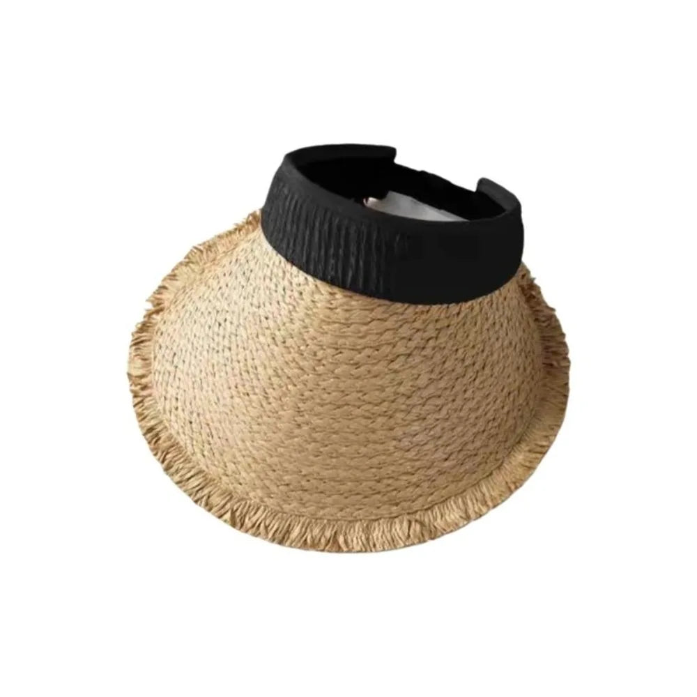 Fashion Woven Straw Visor Cap Sunscreen Hollow Empty Hat Big Head Qme Black