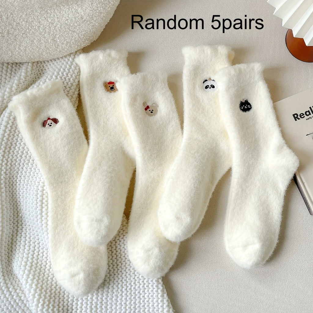 Women's Socks, Cute Animal Embroidered Plush Socks, Winter Warm Faux Mink Cashmere Cozy Sleep Floor Socks Qme Random 5pairs One Size