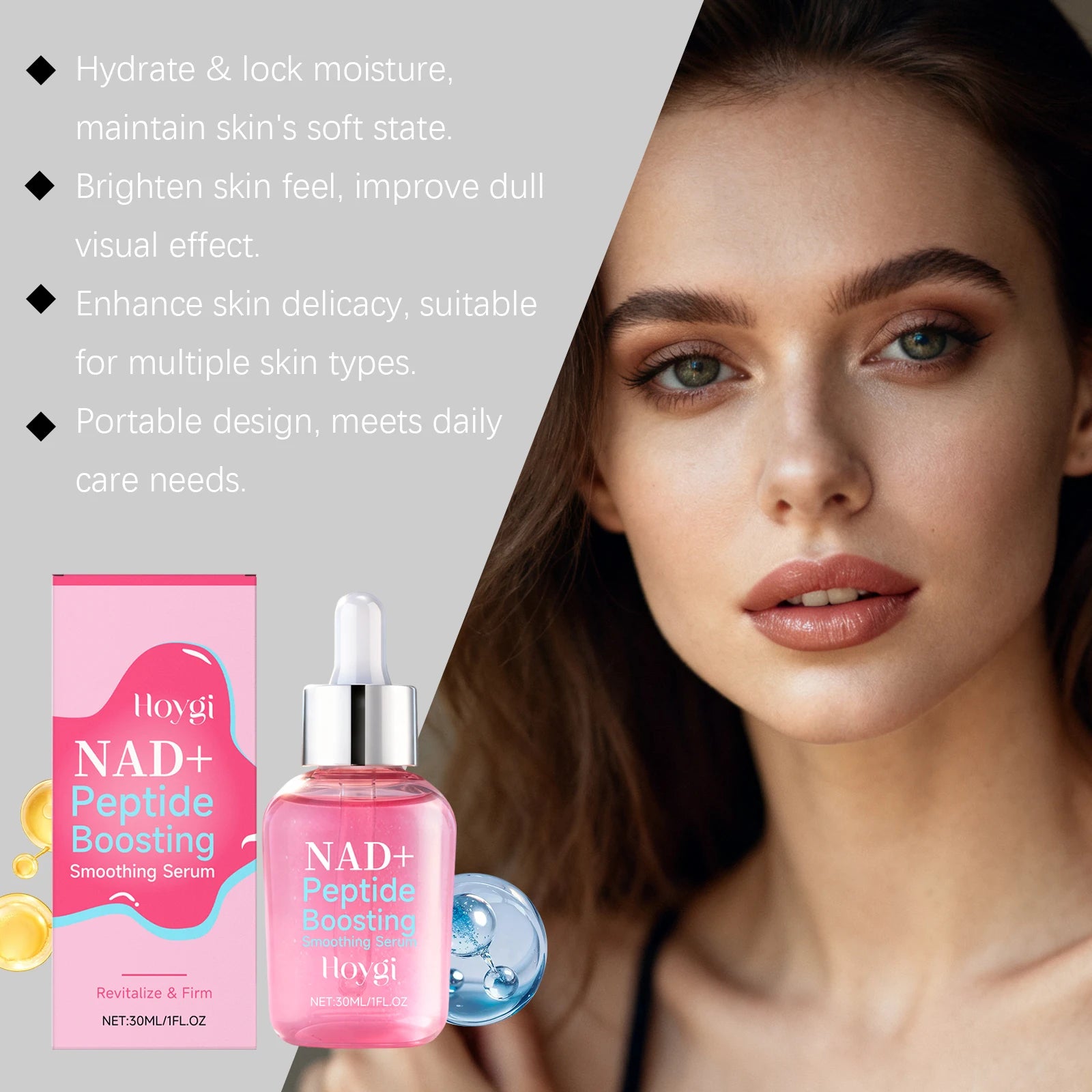 NAD+ Peptide Boosting Smoothing Serum Firming Hydrating Anti-Aging Serum Radiant Glow Face Essence Hyaluronic Acid Brightening Qme