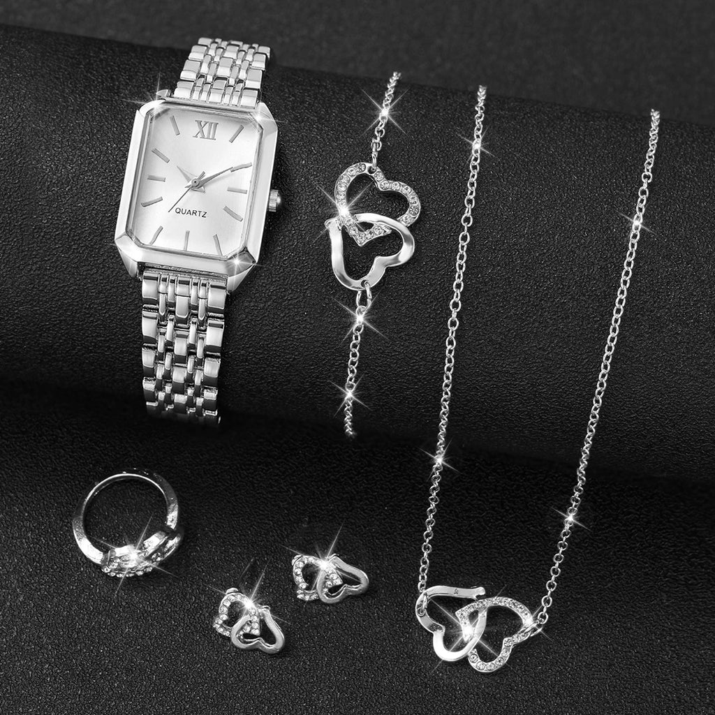 6PCS/Set Fashion Rectangle Roma Dial Women Quartz Watch Ladies Wristwatches With Heart Jewelry (Without Box) Qme