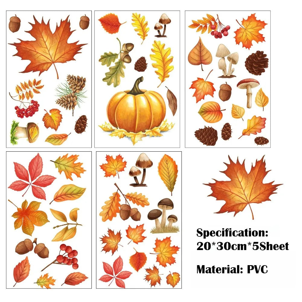 Fall Autumn Window Clings Stickers 5 Sheets Maple Leaves Pumpkin Nuts Qme 5 Sheets