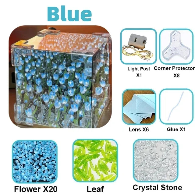 DIY Tulip Mirror Cube Lamp Simulation Flower Bedroom Sleeping Table Qme Blue 20 Tulips 8cmx8cm