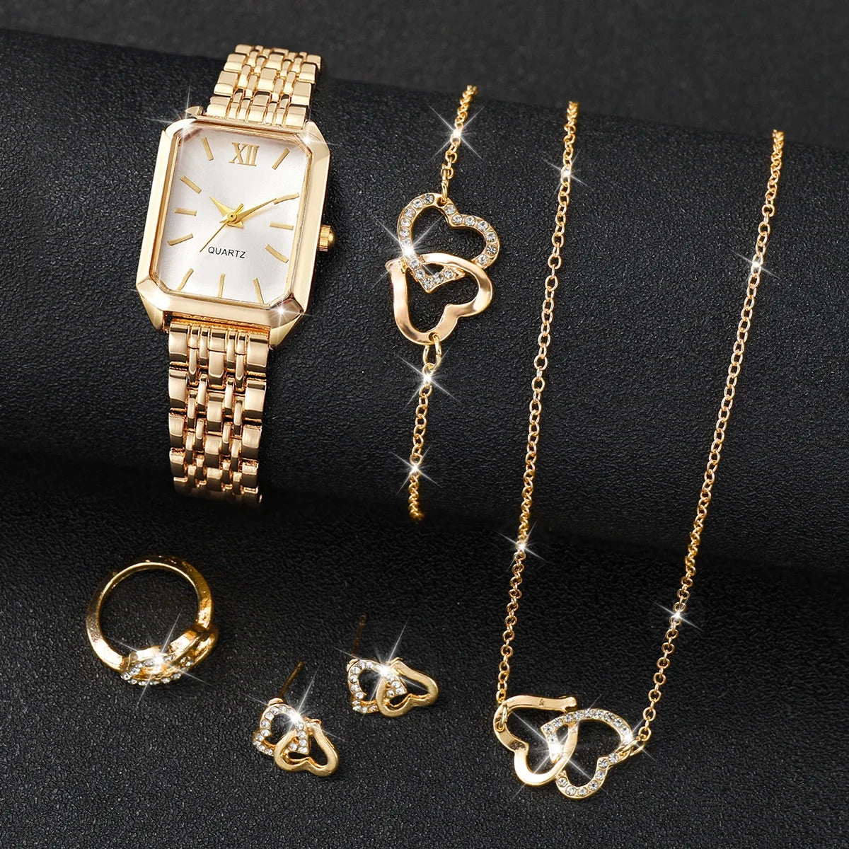 6PCS/Set Fashion Roma Dial Women Watches Ladies Rectangle Quartz Wristwatch Rhinestone Jewelry Set Reloj Mujer (Without Box) Qme