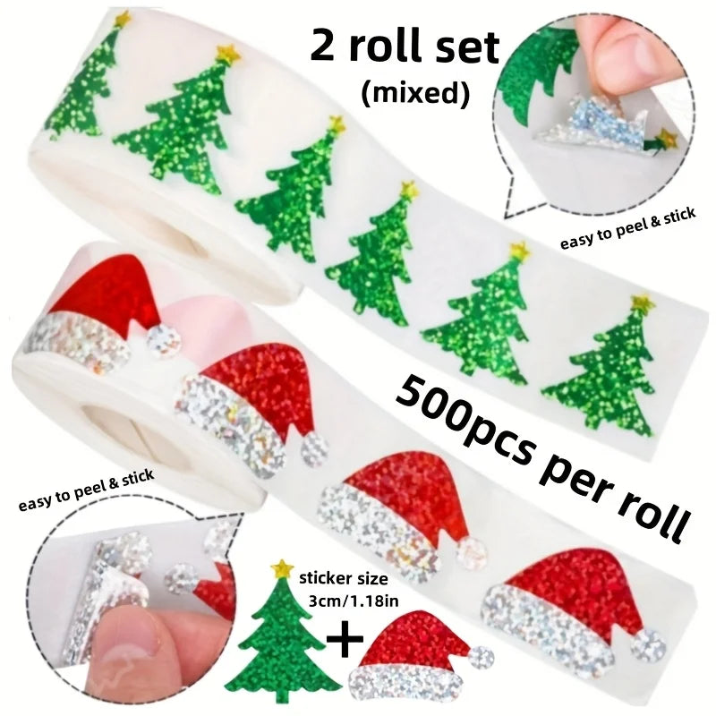 1000 sheets/2 rolls mixed Christmas sticker roll, laser green Christmas tree plus red Christmas hat self-adhesive sticker roll Qme 2Rolls 6x6x3.5cm