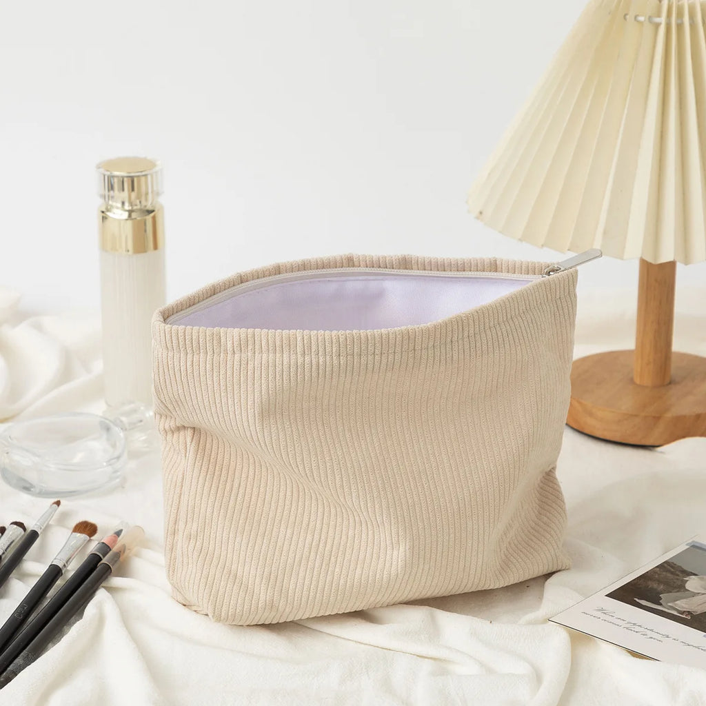 Corduroy Travel Cosmetic Bag Portable Makeup Storage Bag Purses Women Large Capacity Zipper Make Up Organizer Storage Clutch Qme Beige