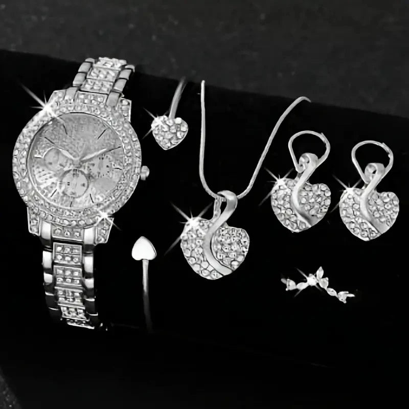 Women's Quartz Watch Gold Luxury Women Ring Necklace Earring Rhinestone Fashion Wristwatch Casual Ladies Watches Jewelry Set Qme Bronze