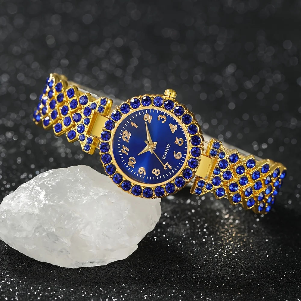 A fashionable women's quartz watch set, consisting of a 6-piece alloy round case timetable, earrings, necklace, and ring set, Qme