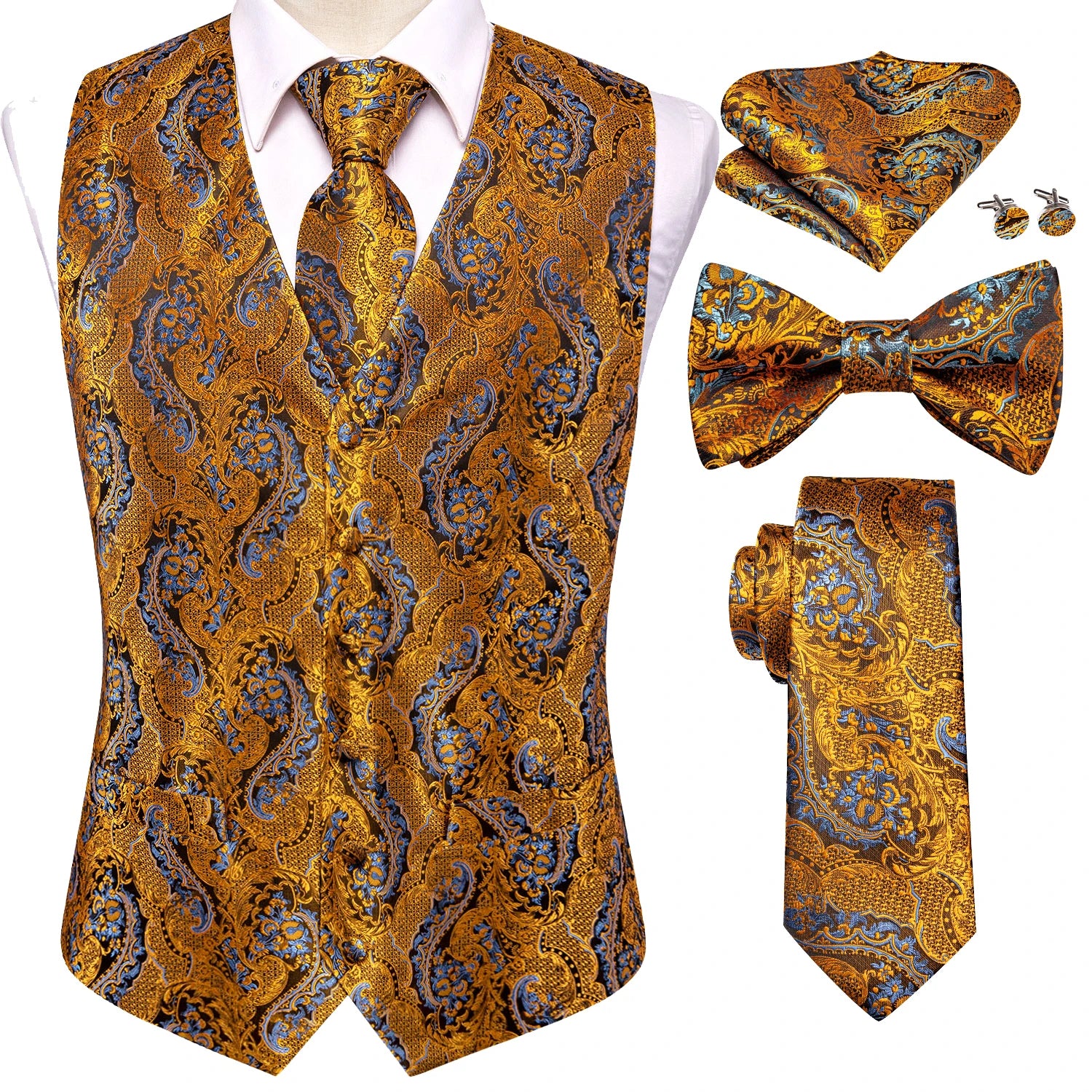Luxury Gold Mens Suit Vest Red Blue Green Yellow Waistcoat Tie Bowtie Qme