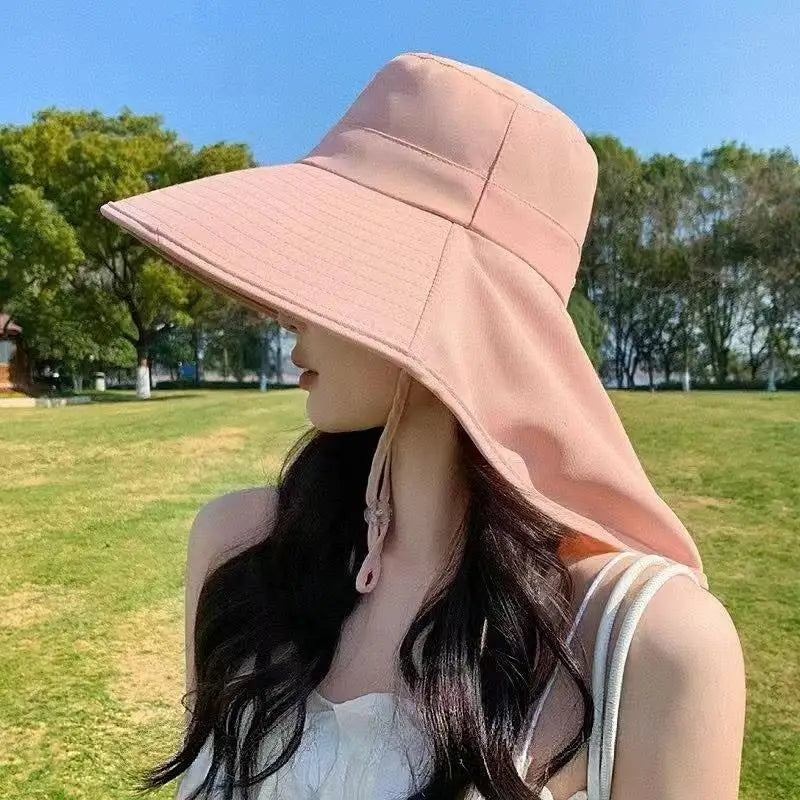 Solid Wide Brim Sun Hat Korean Neck Cover Protection Adjustable Women Qme 2 Pink One Size