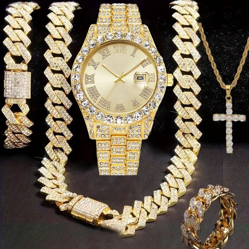 Men's Bling Jewelry Iced Out Watch Cuban Link Chain Cross Pendant Qme Gold