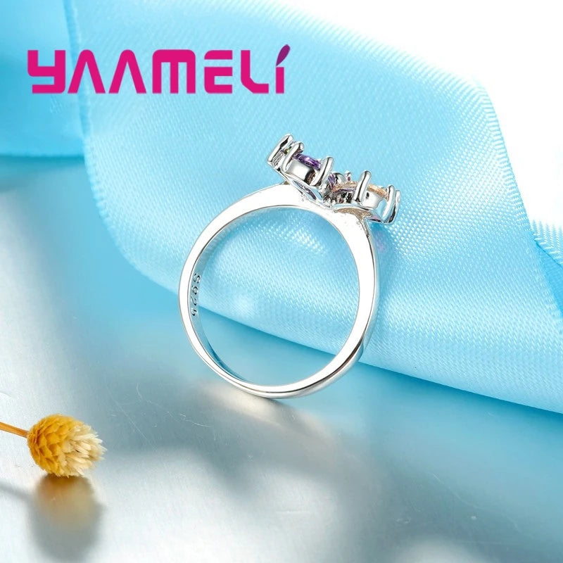 Beautiful Flower Shape Colorful Crystal 925 Sterling Silver Color Women Wedding Engagement Rings Fashion Party Finger Jewelry Qme