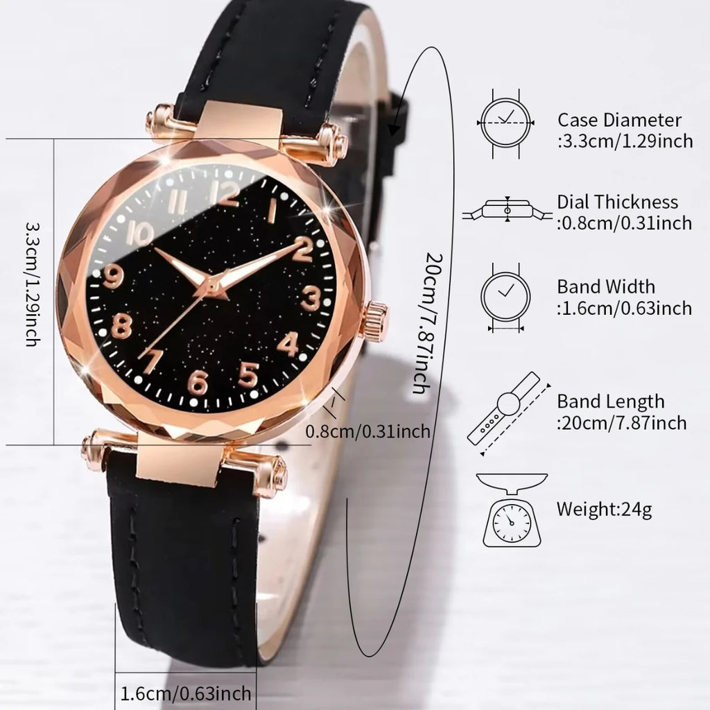 6PCs/Set Women's Watch Fashion Digital Leather Quartz Watch with Unique Flower Jewelry Set Qme