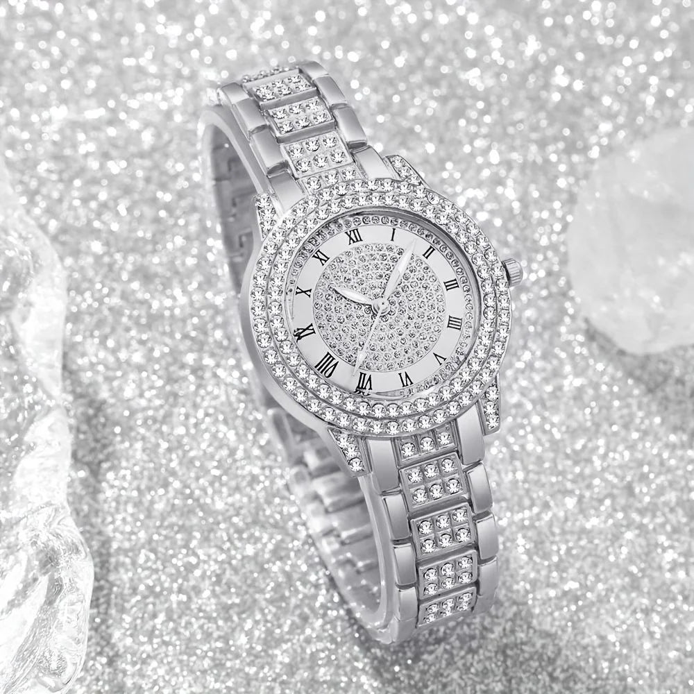 5PCS Luxury Women Roma Dial Quartz Watch Fashion Diamond Ladies Wristwatch Jewelry Set Reloj Mujer Girls Clock (Without Box) Qme