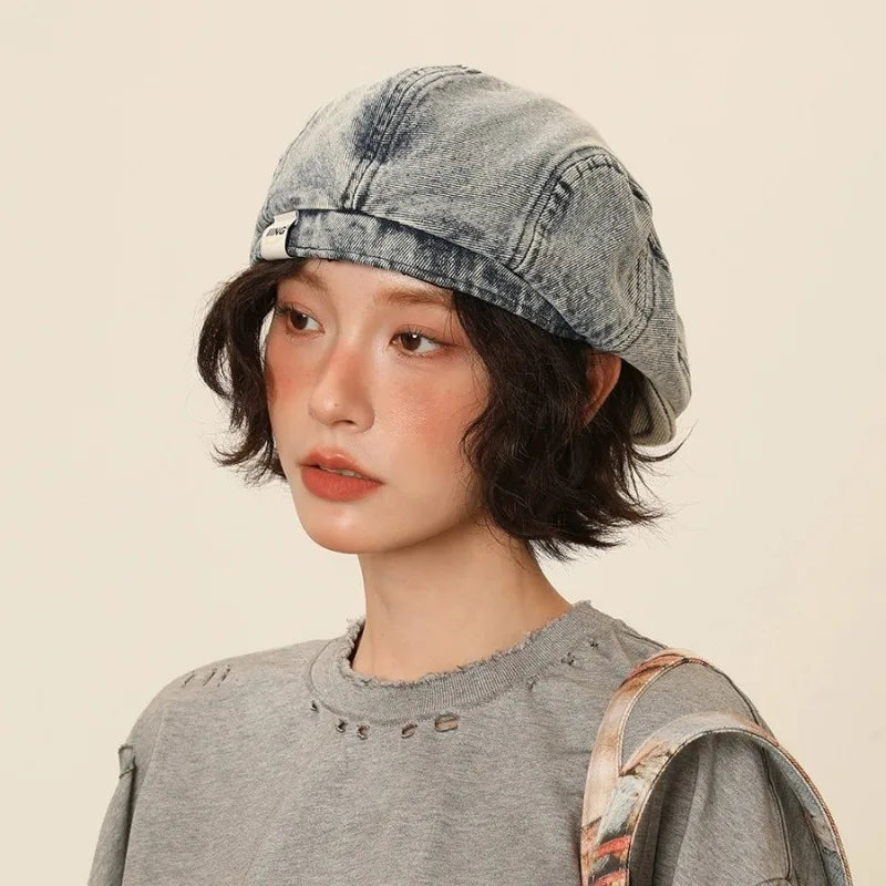 Retro Denim Beret Women's Summer Versatile Washed Old Big Head Qme