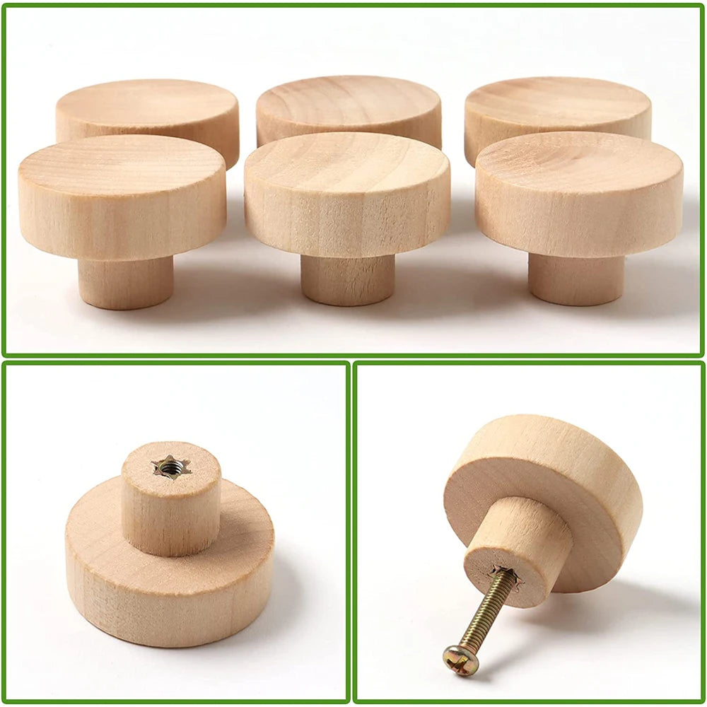 Round Wooden Cabinet Knobs Unfinished Wood cupboard Furniture Drawer Pulls Handles with Screws for Wardrobe Dresser Closet Qme