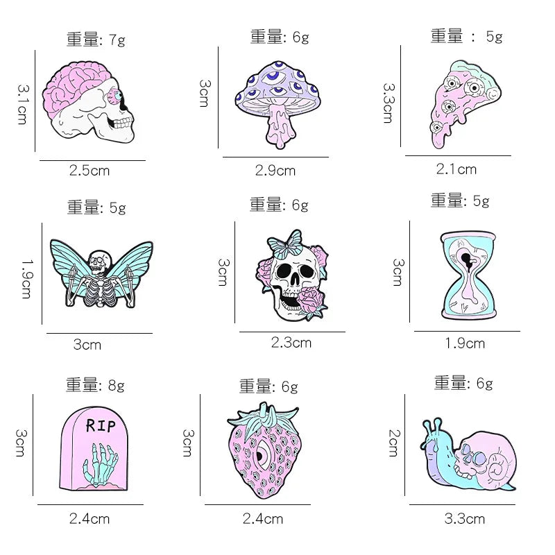 Purple Skeleton Enamel Pin Punk Butterfly Flower Intensive Eyes Gothic Strawberry Mushroom Halloween Lapel Badge Friends Jewelry Qme