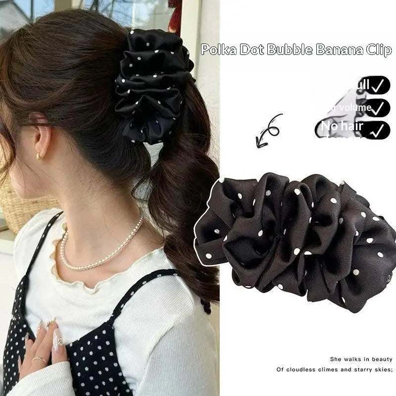 Large Polka Dot Satin Ruffled Hair Claw Clip Strong Non Slip Hold Qme
