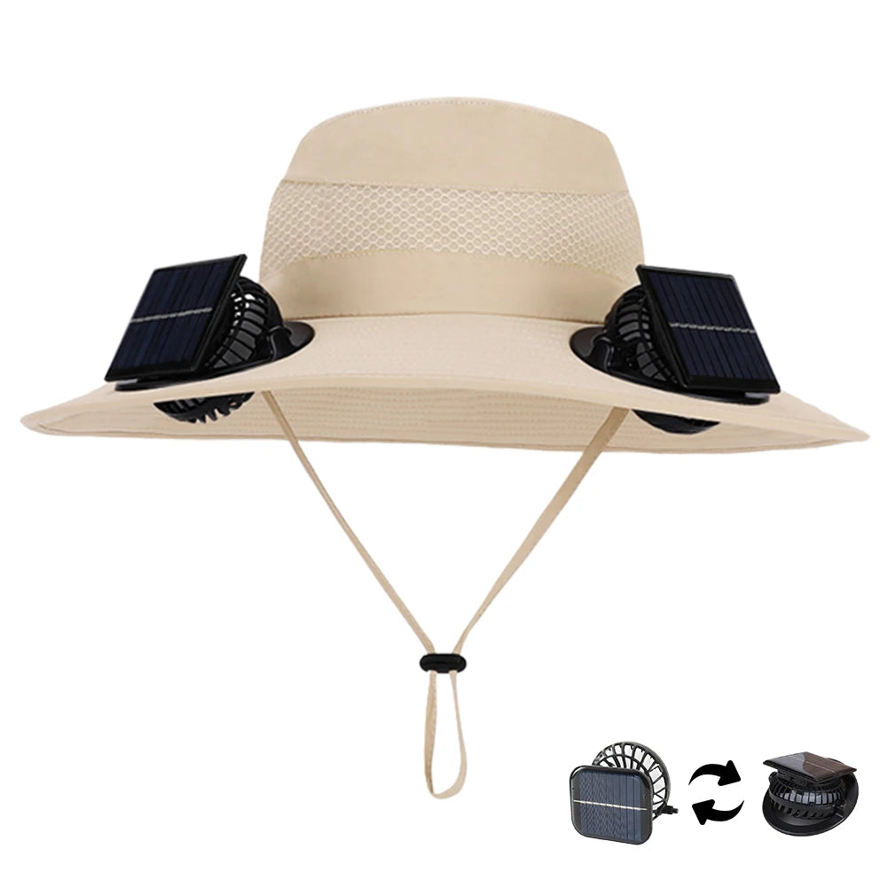 For Outdoor Camping Fishing Hiking Sunscreen Fisherman Hat Solar Fan Cap Portable Solar Charging Cap with Fan Suitable Qme Beige pure color