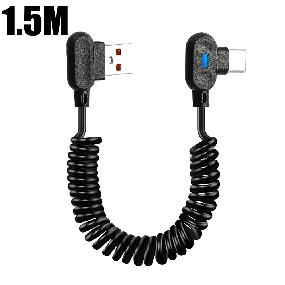 USB Type-C 90° Angle Elbow Fast Charging Spring Data Cable Spiral Coiled Retractable Data Cord Quick Charge For Huawei Samsung Qme 1.5m
