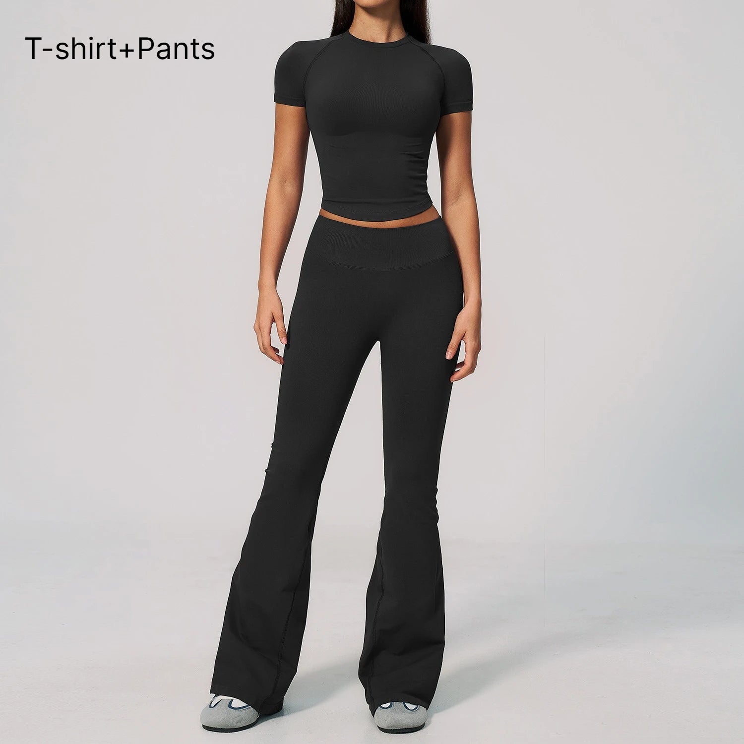 B New 2PCS Women Yoga Workout Suit, Short Sleeve Top with High Waist Flared Pants, Elastic Sportswear for Gym Cycling Fitness Qme 2pcs Black XL