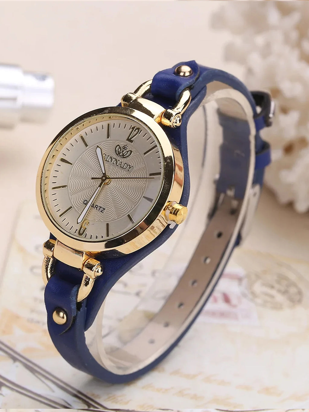Minimal Retro Gold Frame Slim Leather Strap Women Dress Watch Qme Blue