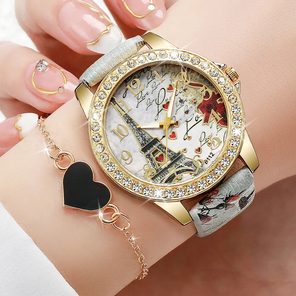 Relógio de couro PU Torre Eiffel Quartz, pulseira em forma de coração, relógio de moda, caixa não incluída, 2 peças por conjunto Qme