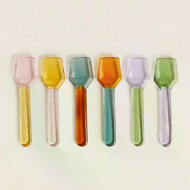 Cute Style Colorful Glass Dessert Spoon Heat Cold Resistance INS Style Ice Cream Spoon Short Handle Coffee Spoon Ice Cream Qme