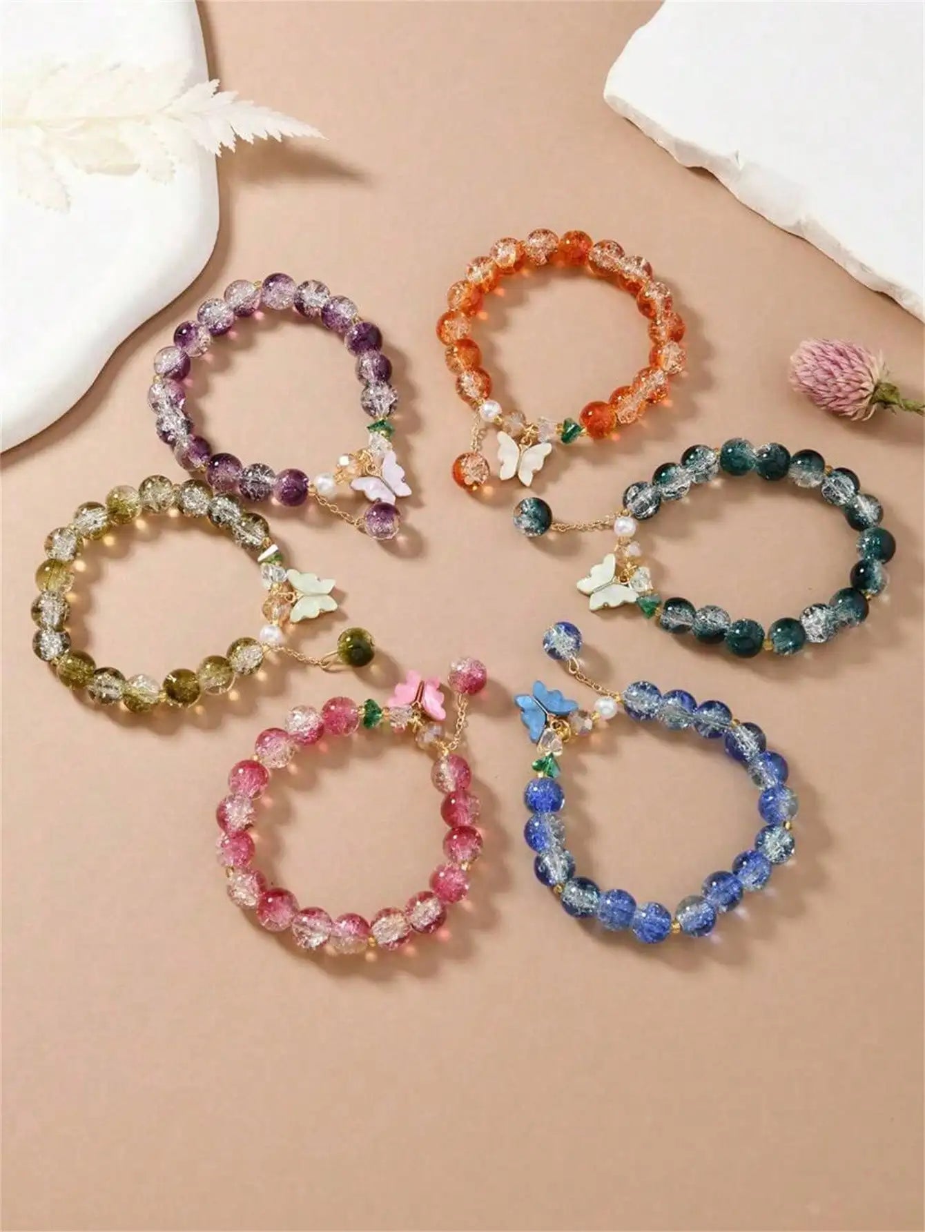Handmade Beaded Bracelet Glass Crackle Crystal Pearl Butterfly Decor Qme