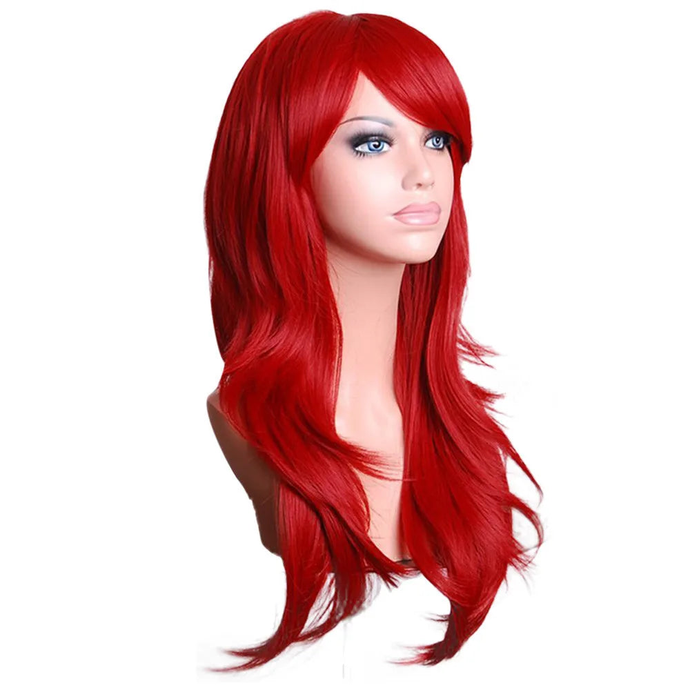 Red Wigs 28 inch Wavy Curly Cosplay Wig With Wig Cap Synthetic Curly Hair Red Smooth Long Wig Easy To Manage Wigs Qme
