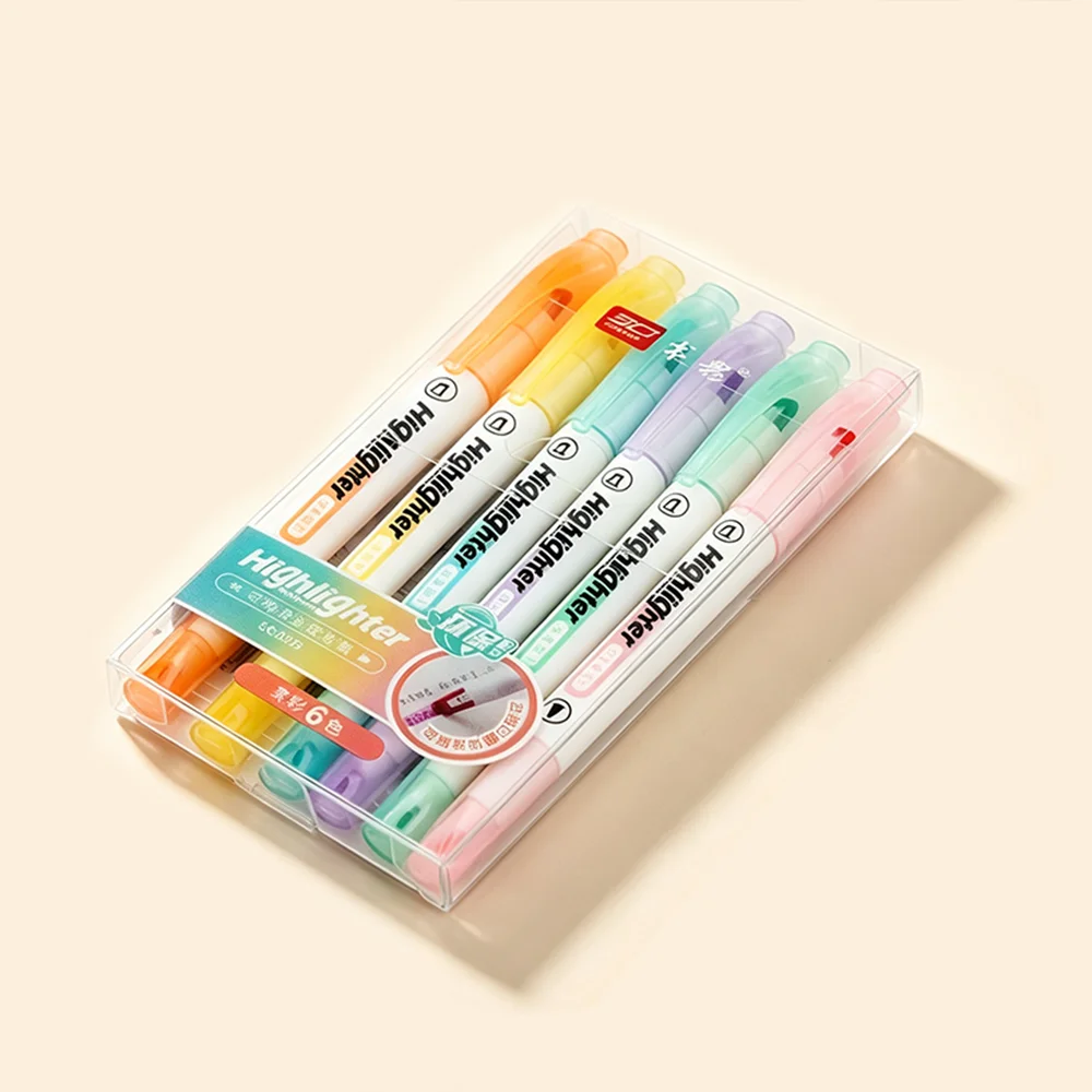 Back To School 6 Colors Double Tip Pastel Highlighter Markers Smooth Writing Student Reading Note Taking Stationery Gift Set Qme 1 box