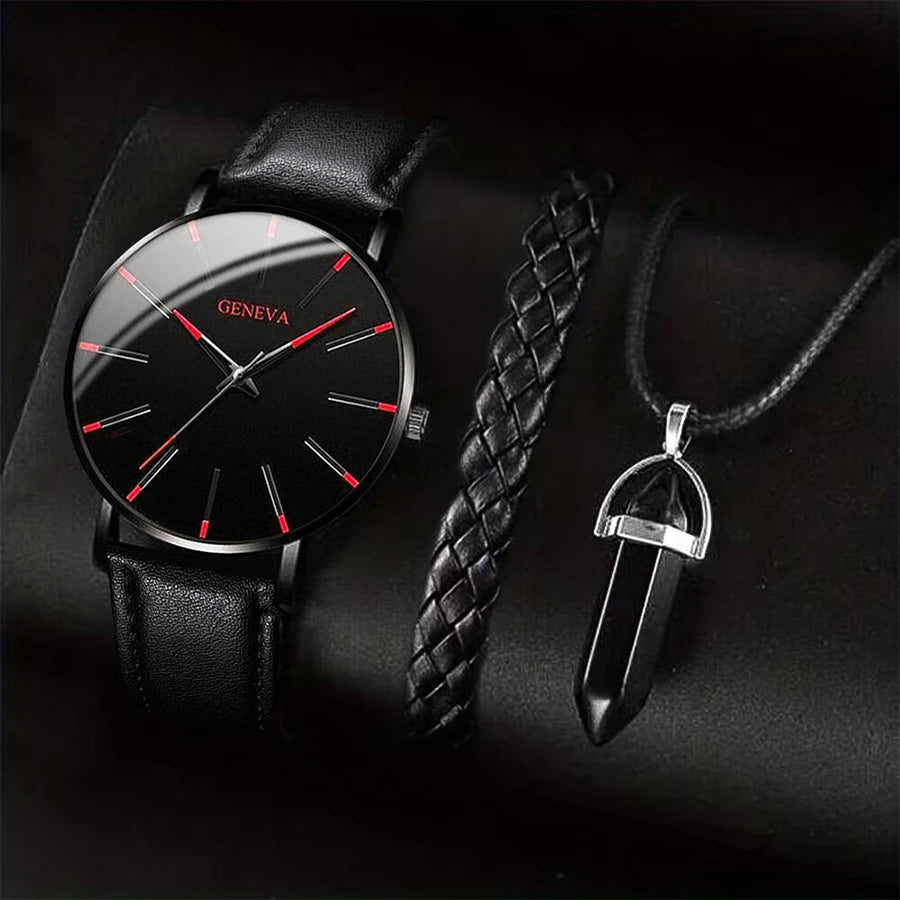 GENEVA Three-Hand Chronograph Men's Watch Business Black Leather Quartz Watch + Woven Bracelet Bullet Necklace Two-Piece Set Qme B Set No Box