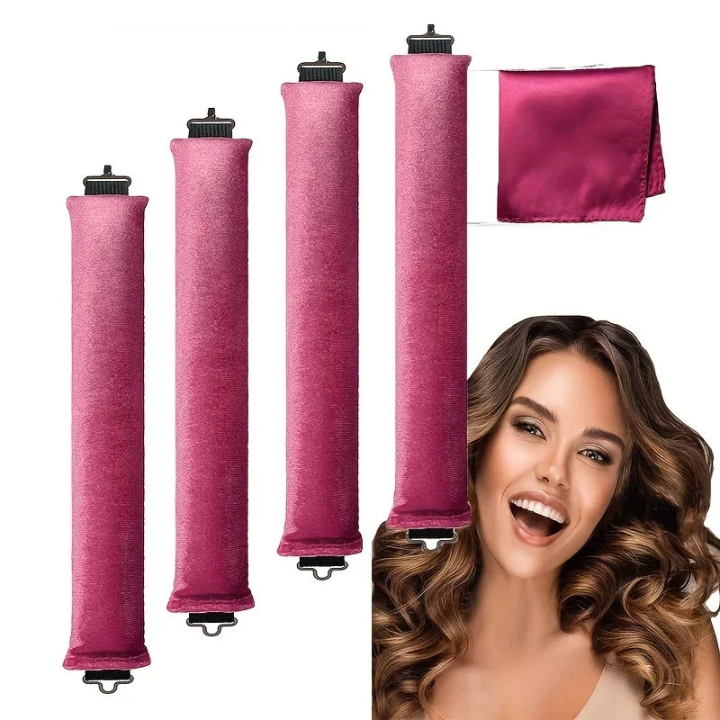 4 Hooks Rubber Curling Tool No Heat Curling Iron Big Wave Curling Tool Sleep Curling Plus Silk Scarf, Holiday Makeup, Christmas Qme