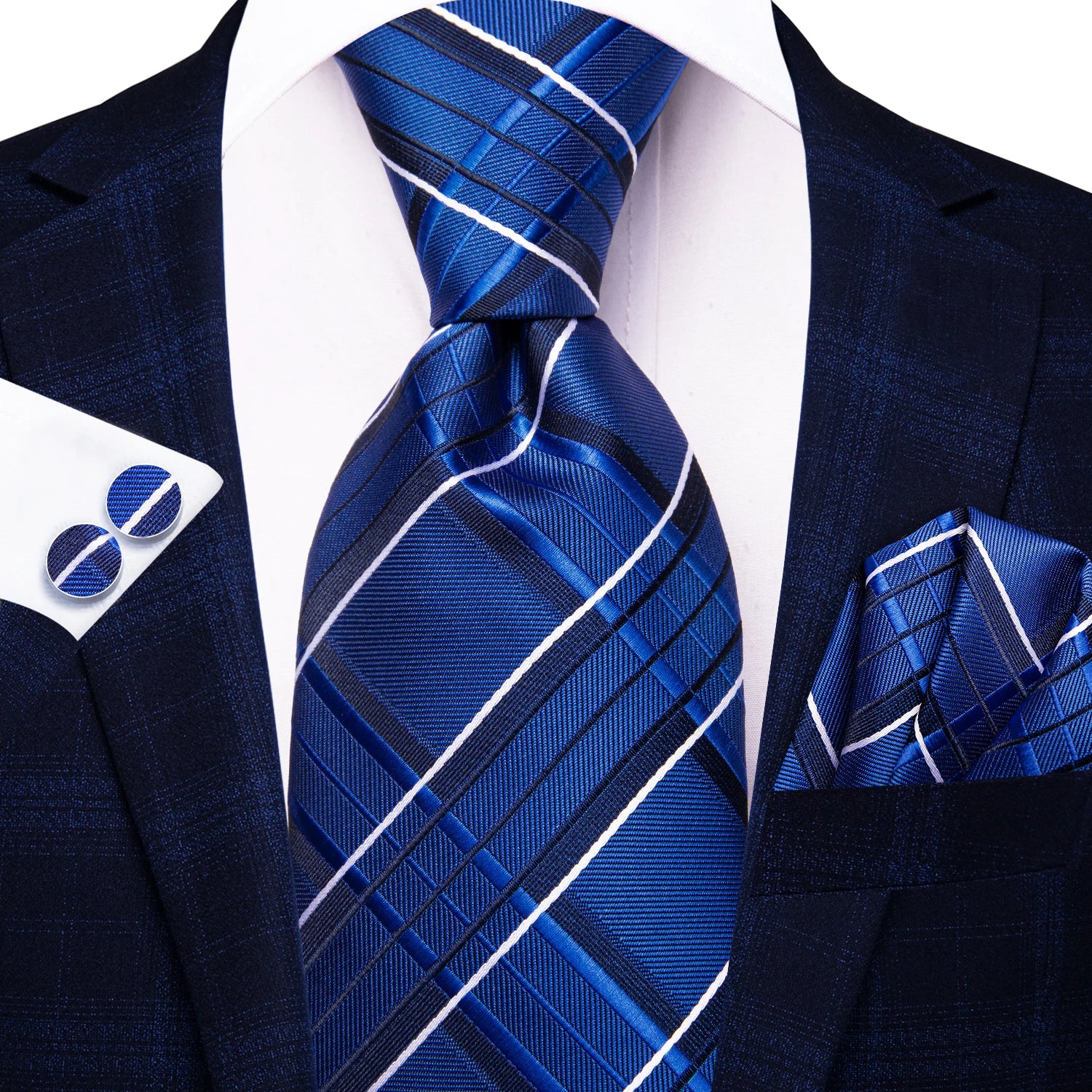 Hi-Tie Fashion 8.5cm Blue Plaid Dots Men's Elegant Tie Handkerchief Cufflinks Set Wedding Party Accessories Gift for Men Gravats Qme N-3932