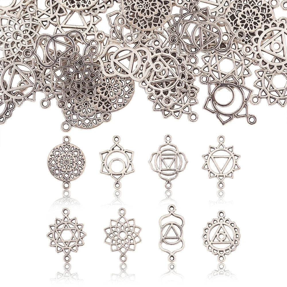 PandaHall 80pcs 8 Styles Tibetan Flower Charms Alloy Hollow Flower Charms Chakra Connector Charms for Jewelry Making Bracelets Qme