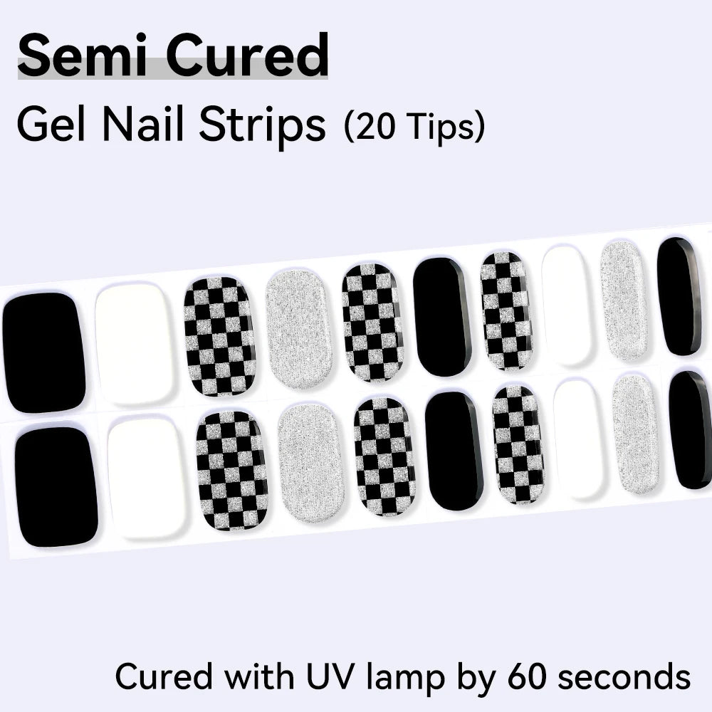 20Tips Semi Cured Gel Nail Strips Glitter Black White Plaid DIY Qme NC240257