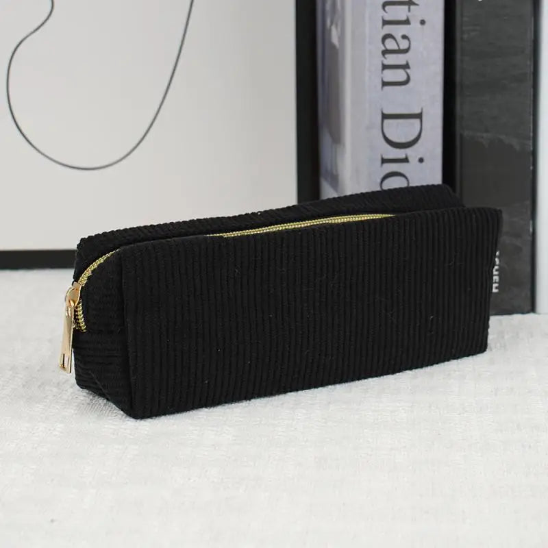 Vintage Simple Solid Corduroy Pencil Case Large Capacity Stationery Qme Black