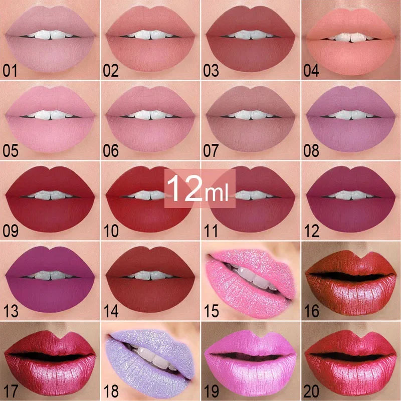 20 Colors Lipstick Waterproof Long Lasting Matte+Shimmer Mental Beauty Lip Gloss Nude Glitter Lip Gloss Beauty Red Lip Tint New Qme