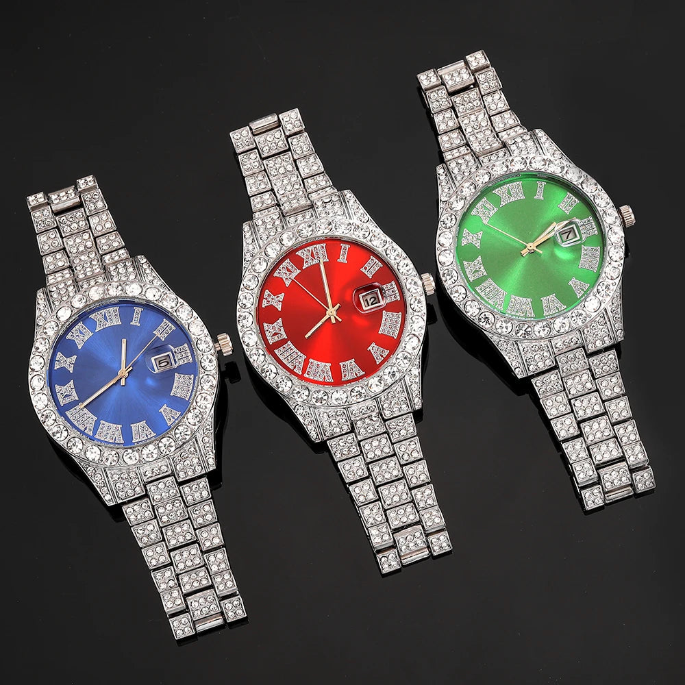 3pcs Men's Silver Watch Set Hip-hop Punk Inlay Diamond Watch+Cuban Chain+Bracelet Comes With Strap Adjuster Stylish Jewelry Gift Qme