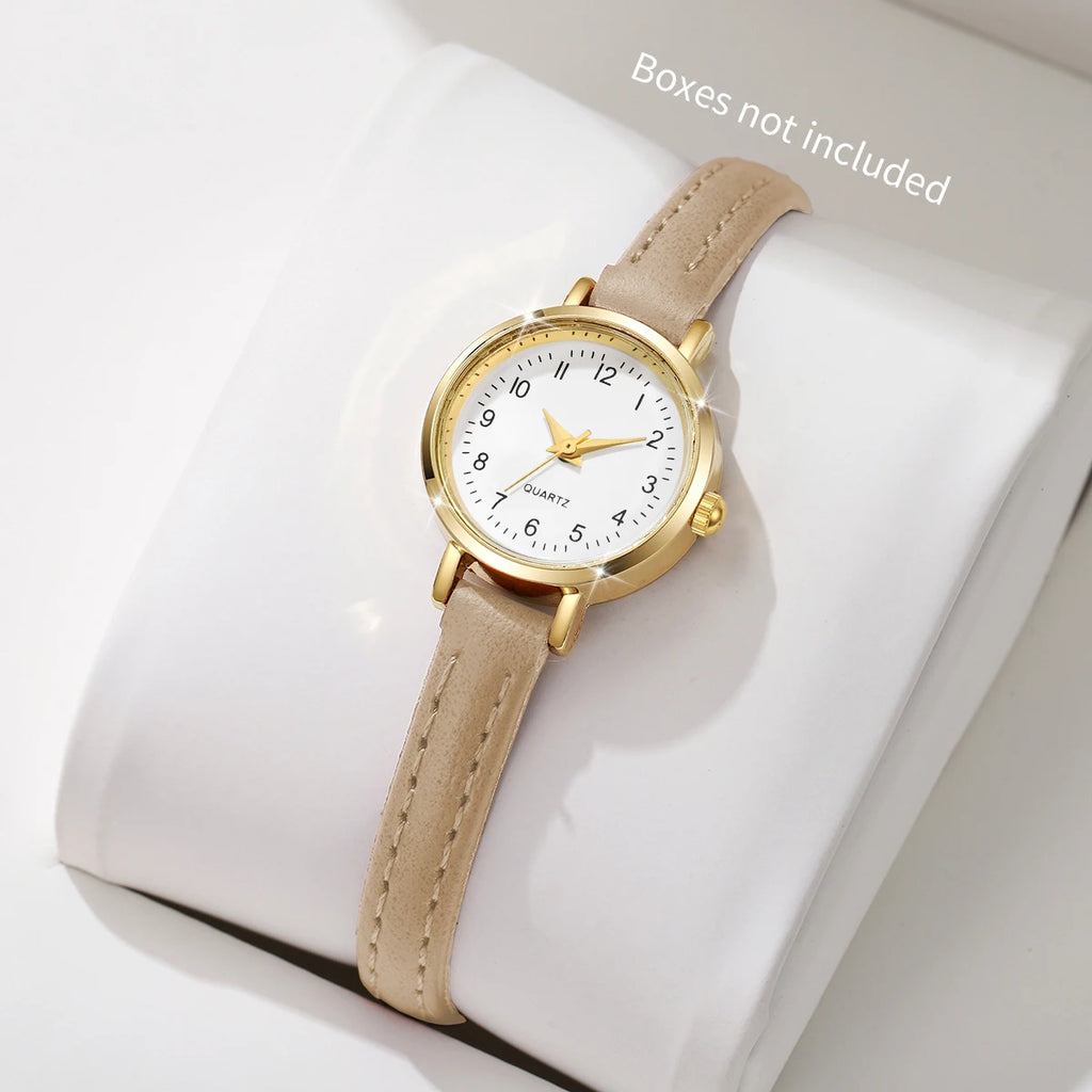 Delicate Retro Roman Numeral Small Round Gold Watch with Soft Leather Band for Daily Wear Qme Arabic Beige No Box