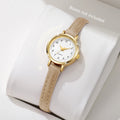 Delicate Retro Roman Numeral Small Round Gold Watch with Soft Leather Band for Daily Wear Qme Arabic Beige No Box