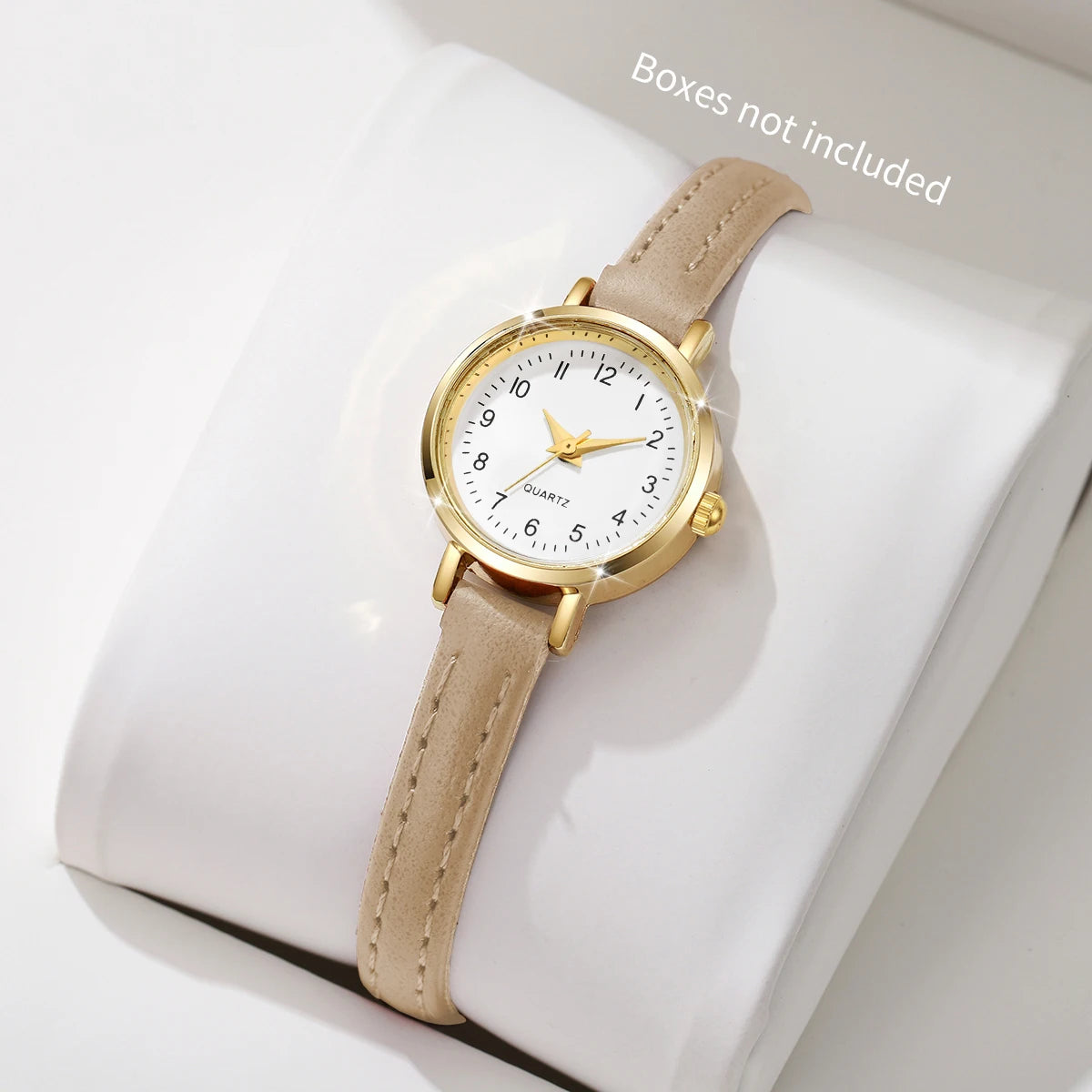 Delicate Retro Roman Numeral Small Round Gold Watch with Soft Leather Band for Daily Wear Qme Arabic Beige No Box
