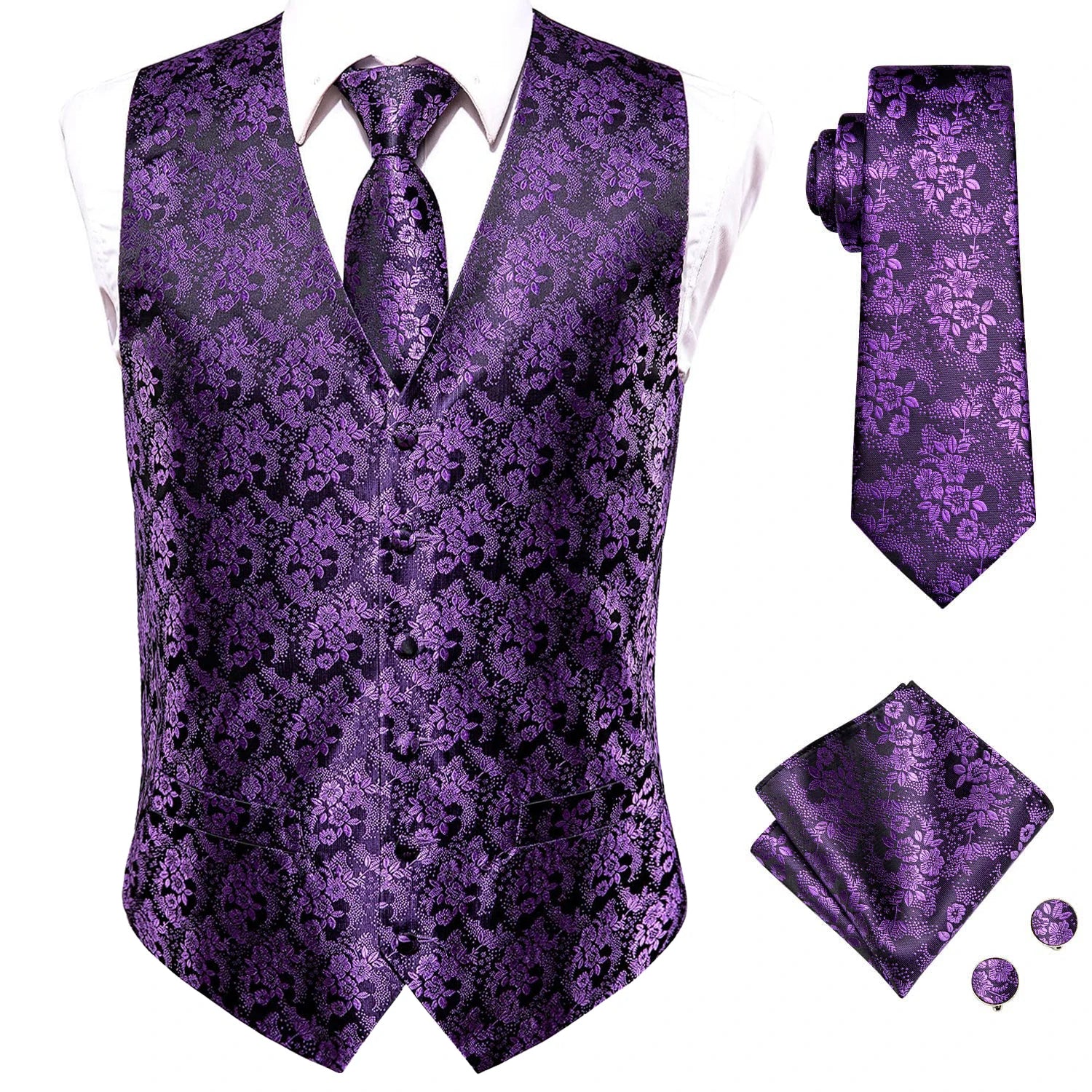 Mens Suit Vest Tie Hanky Cufflinks Jacquard Floral Paisley Waistcoat Qme
