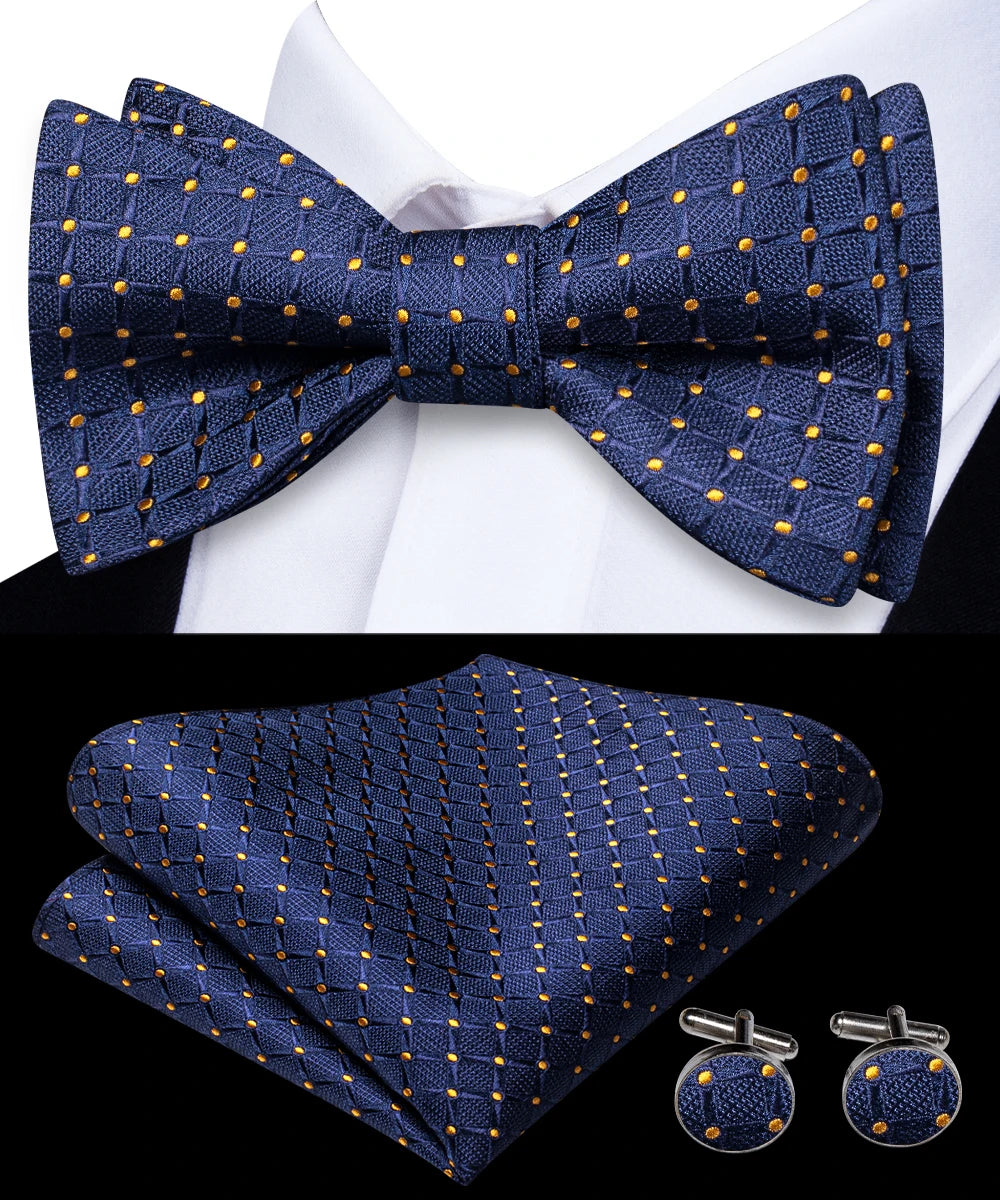 Hi-Tie Men's Bow Tie Handkerchief Cufflinks Set Blue Plaid Stripe Pattern Hand Tied Wedding Business Qme 2060