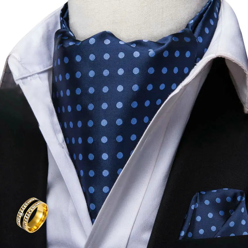 Ascot Tie Set, Classic Cravat with Pocket Square & Decorative Ring, Fashion Men's Neck Accessories Wedding silk Party Daily Wear Qme AS-1011-JZ0020