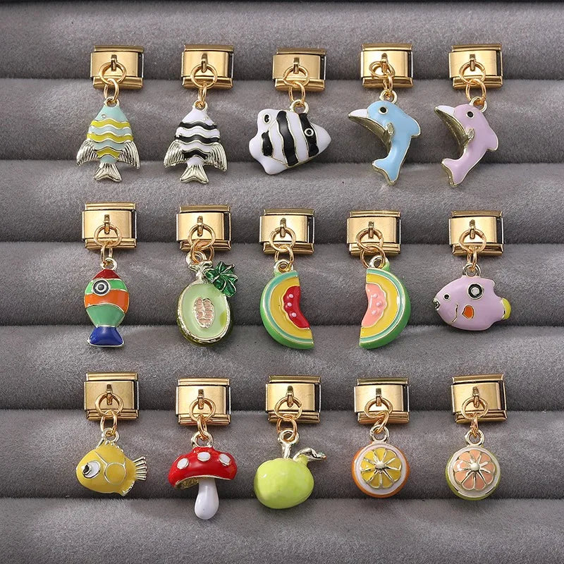 2025 Women Gift Fish Dolphin Fruits Mushroom Italian Charms Links Beads Fit 9mm Stainless Steel Modular Modular Bracelet Jewelry Qme