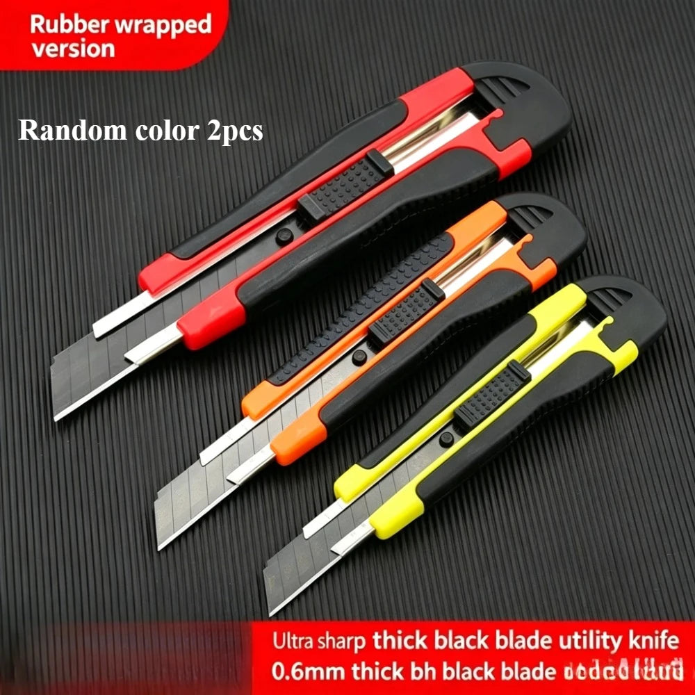 Wrapped Utility Knife Black Snap-off Blade Anti-slip Auto Lock Cutter Knife For Office Carton Leather Cutting Craft Tools Qme Random color 2pcs