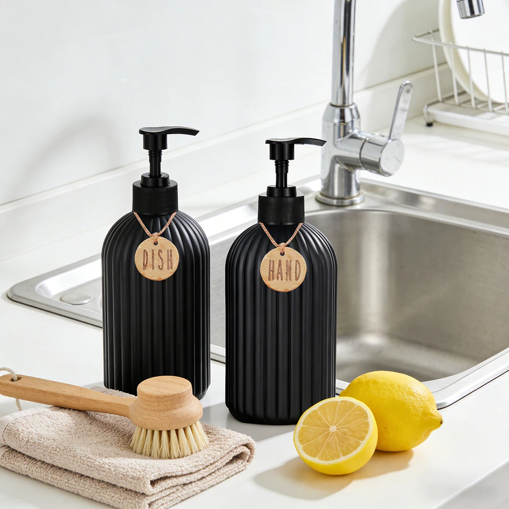 Matte Black Soap Disenser with Tags-16oz Ribbed Plastic Refillable Bathroom Bottles for Shampoo Conditioner Body Wash Container Qme 2pcs for kitchen