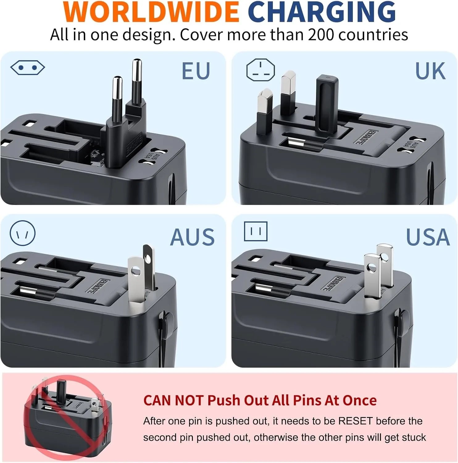 Universal Travel Adapter with USB A Type C Port Power Adaptor EU/UK/US/AU Power Charger Converter Socket Plug Adaptor Connector Qme