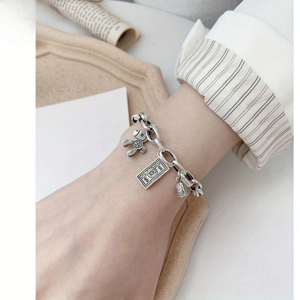 Bracelet for Women Retro Thick Chain Charm Bracelet with Horse Money Bill Fish Pendant Lucky Wealth Jewelry Birthday Gift Qme